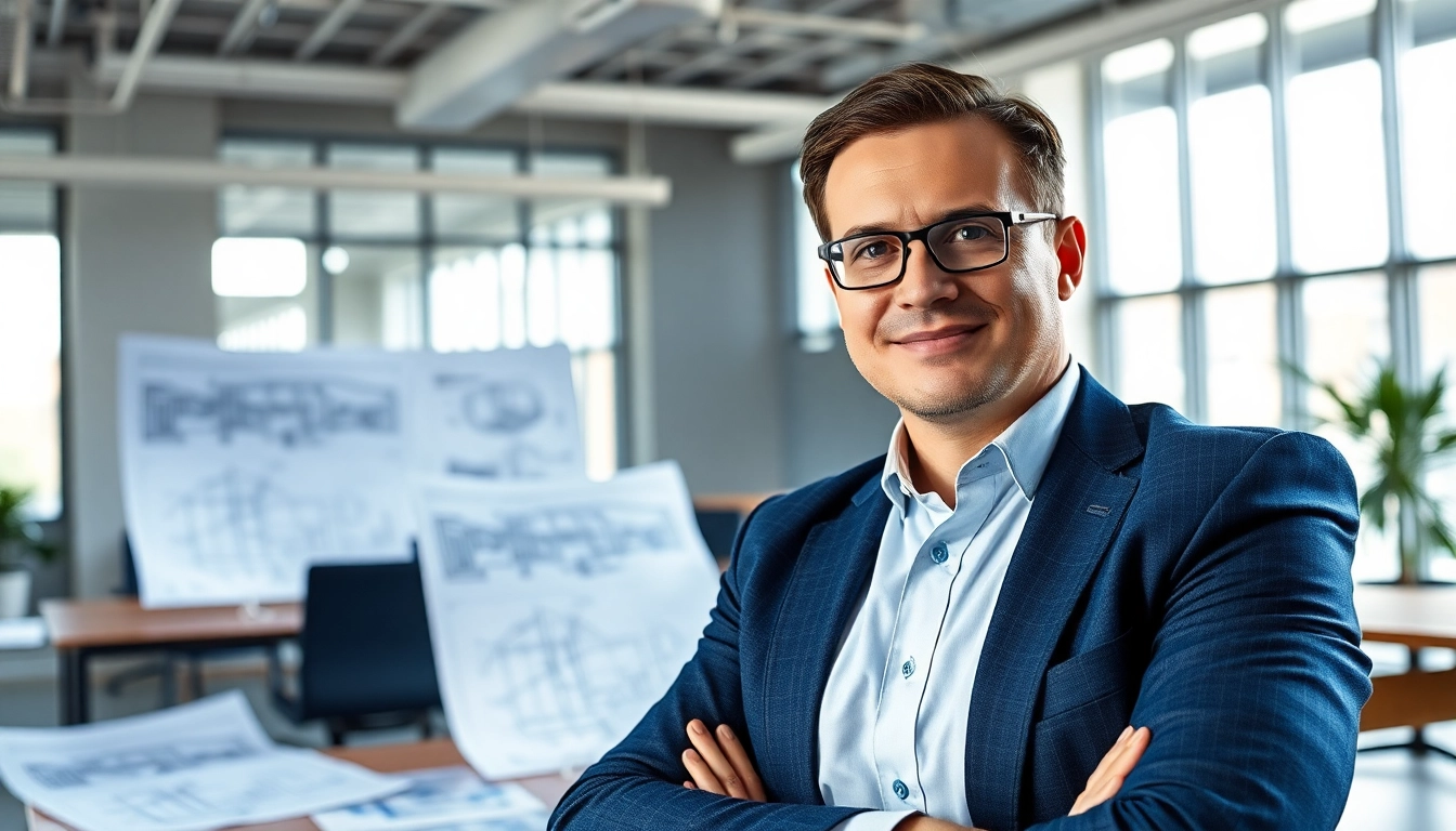 Headhunter Ingenieure in einem modernen Büro mit Bauplänen und einem professionellen Erscheinungsbild.