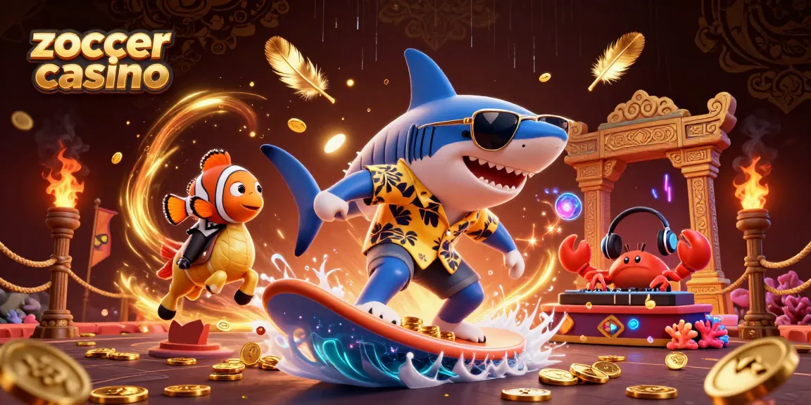 Zoccer Casino illustration featuring a shark and clownfish in a casino scene, rich with golden coins.