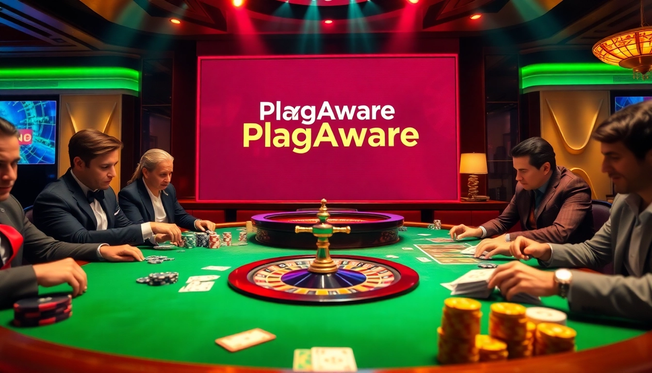 Gambling excitement at a casino table with PlagAware promotional display highlighted.