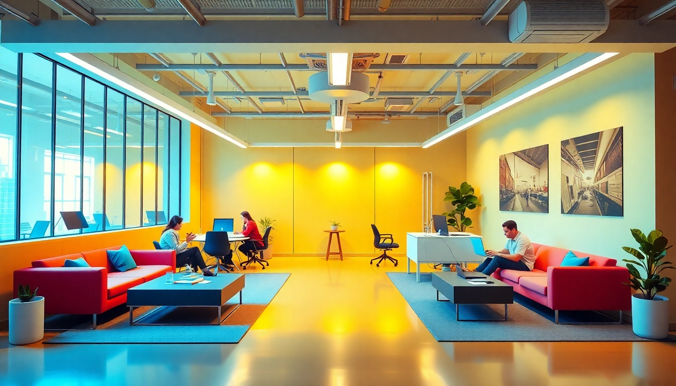 Showcase the dynamic workspace of an Online Marketing Agentur in meiner Nähe, emphasizing team collaboration and modern design.