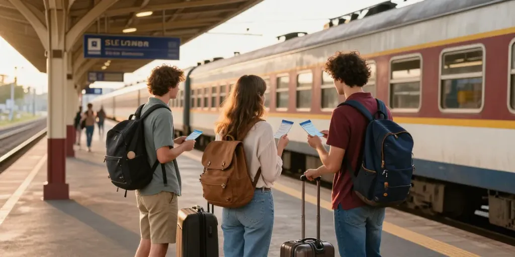 Zugticket einfache Fahrt Kauf am Bahnhof mit Reisenden und warmem Licht.