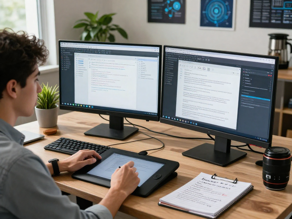 Advanced document fraud detection analysis in a modern workspace, showcasing AI tools and cybersecurity professional engaged in ensuring document authenticity.