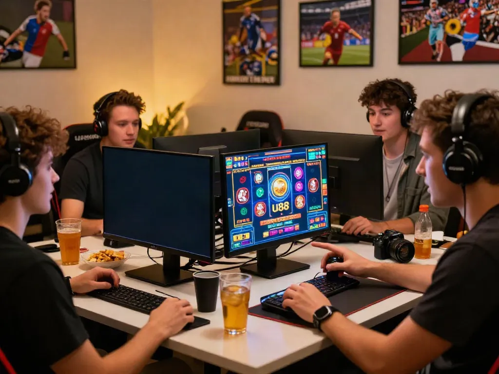 Friends engaged in exciting online gaming, discussing strategies, Tải Uk88 highlights fun betting.