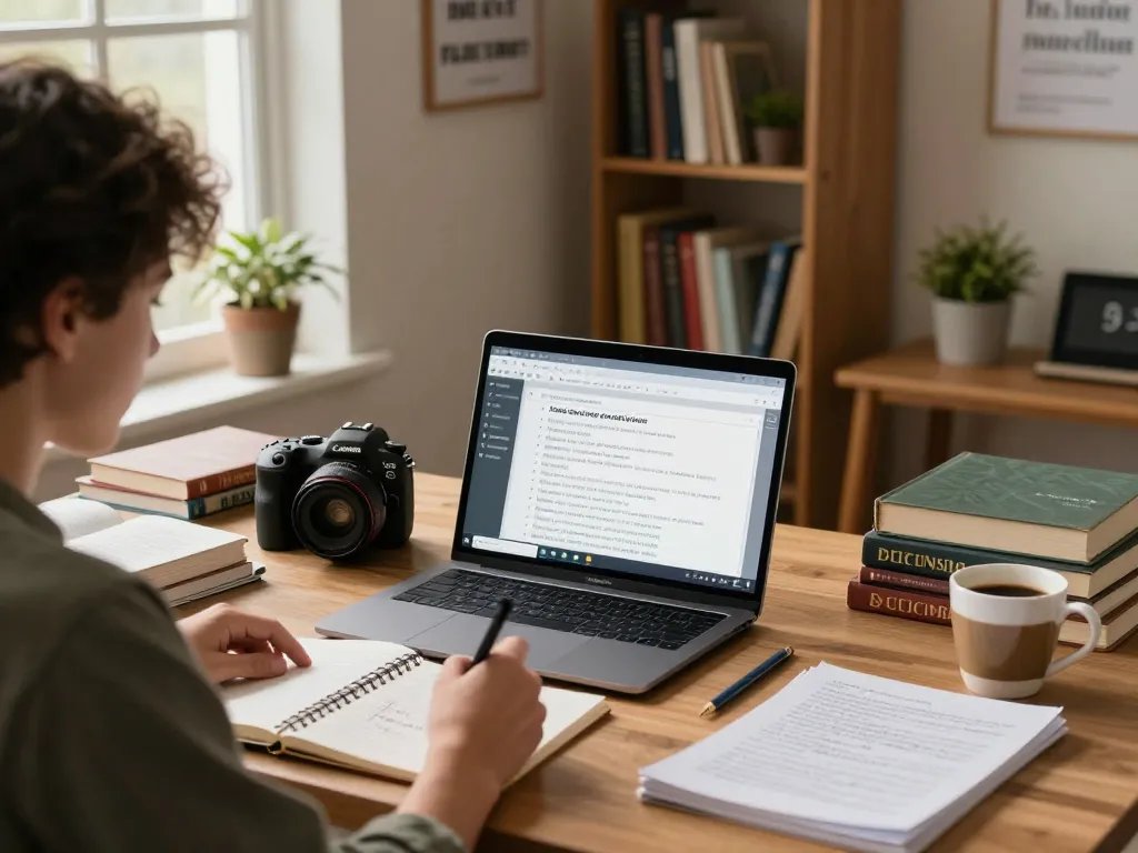Student nutzt Technologie für Hausaufgabenlösungen, um in einer gemütlichen Lernumgebung mit Lehrbüchern und Notizen Hausaufgaben zu lösen.