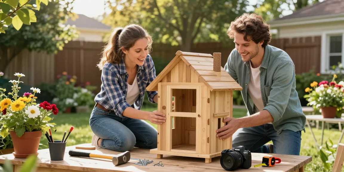 Gartenhaus kaufen: Ein Paar baut mit Freude ein Holz-Gartenhaus im sonnigen Garten mit Werkzeugen und Blumen.