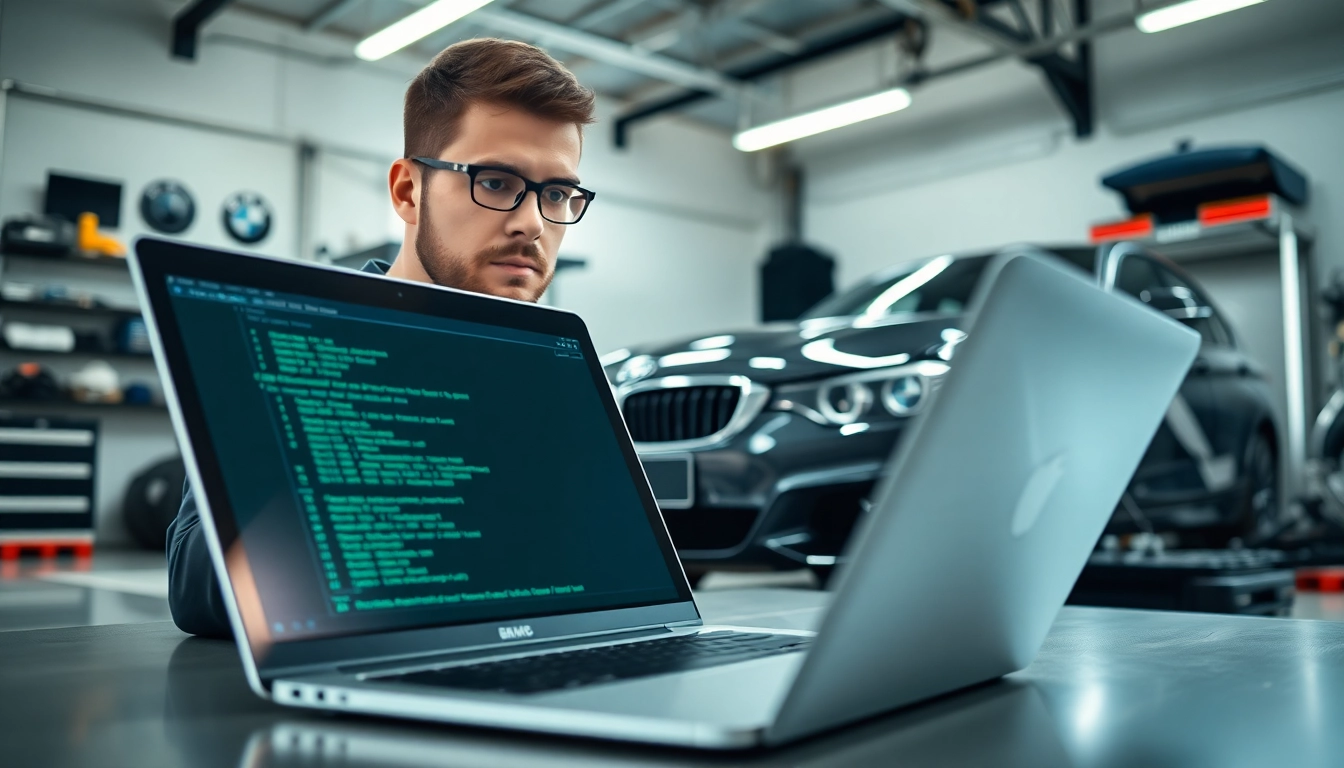BMW Codierung und technischer Prozess in einer Garage mit einem Laptop und Werkzeugen