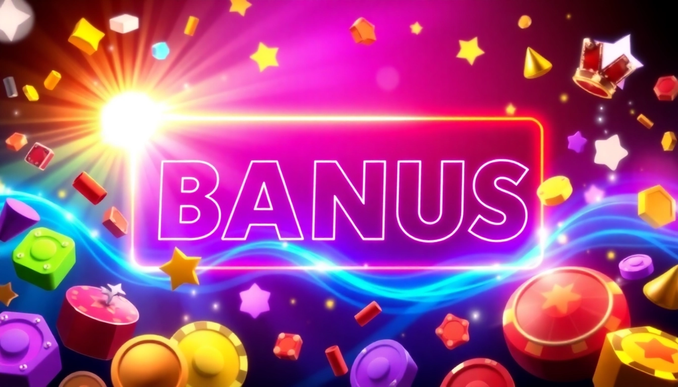 Promotion of an attractive online casino bonus featuring colorful game symbols and enticing rewards.