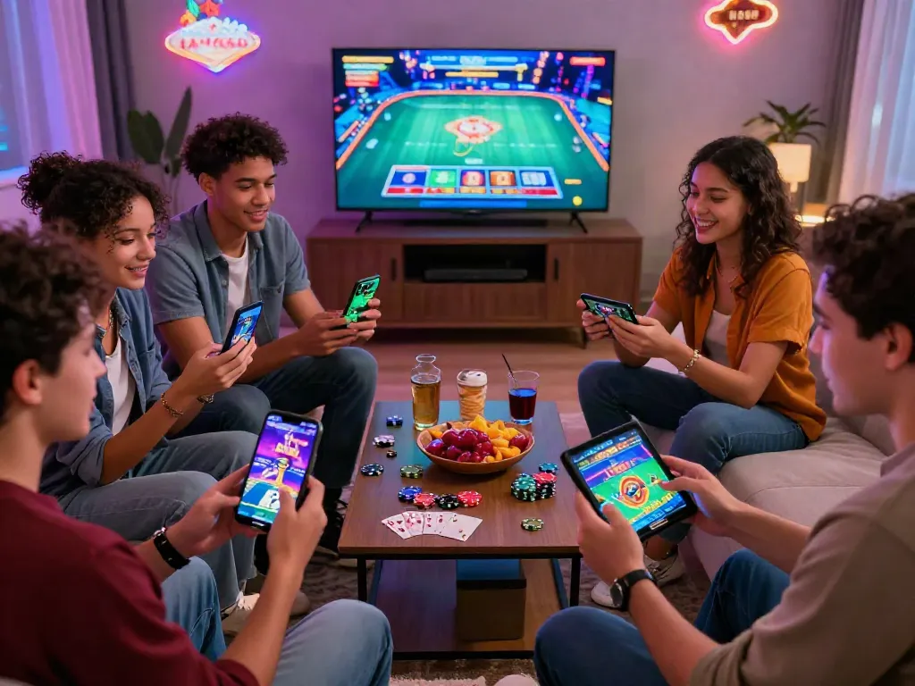Neue mobile Casinos Österreich: Spieler genießen Casino-Spiele auf Smartphones in gemütlicher Atmosphäre.