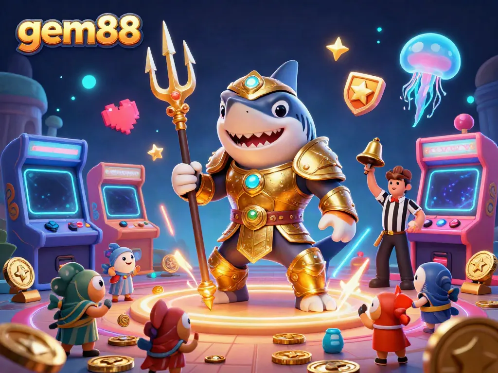 Experience the excitement of gem88 with a thrilling underwater casino scene featuring a shark and arcade games.