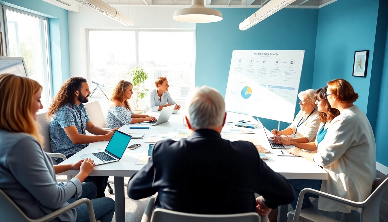 Collaborative marketing team at a werbeagentur pflege, focusing on elderly care solutions.