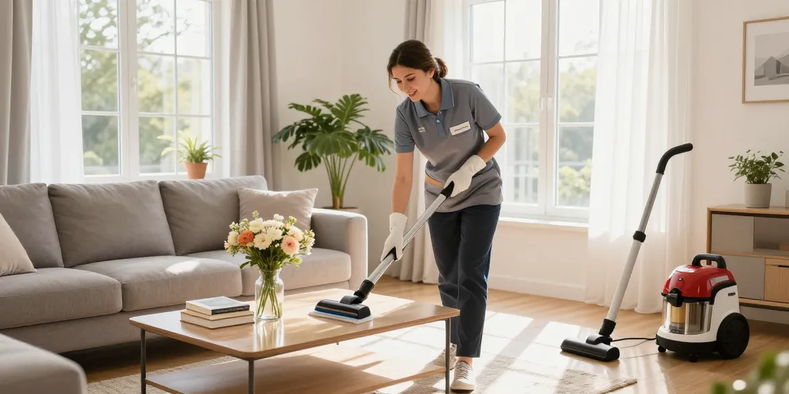 Residential cleaning expert demonstrating reinigung offerte benefits in bright living room setting.