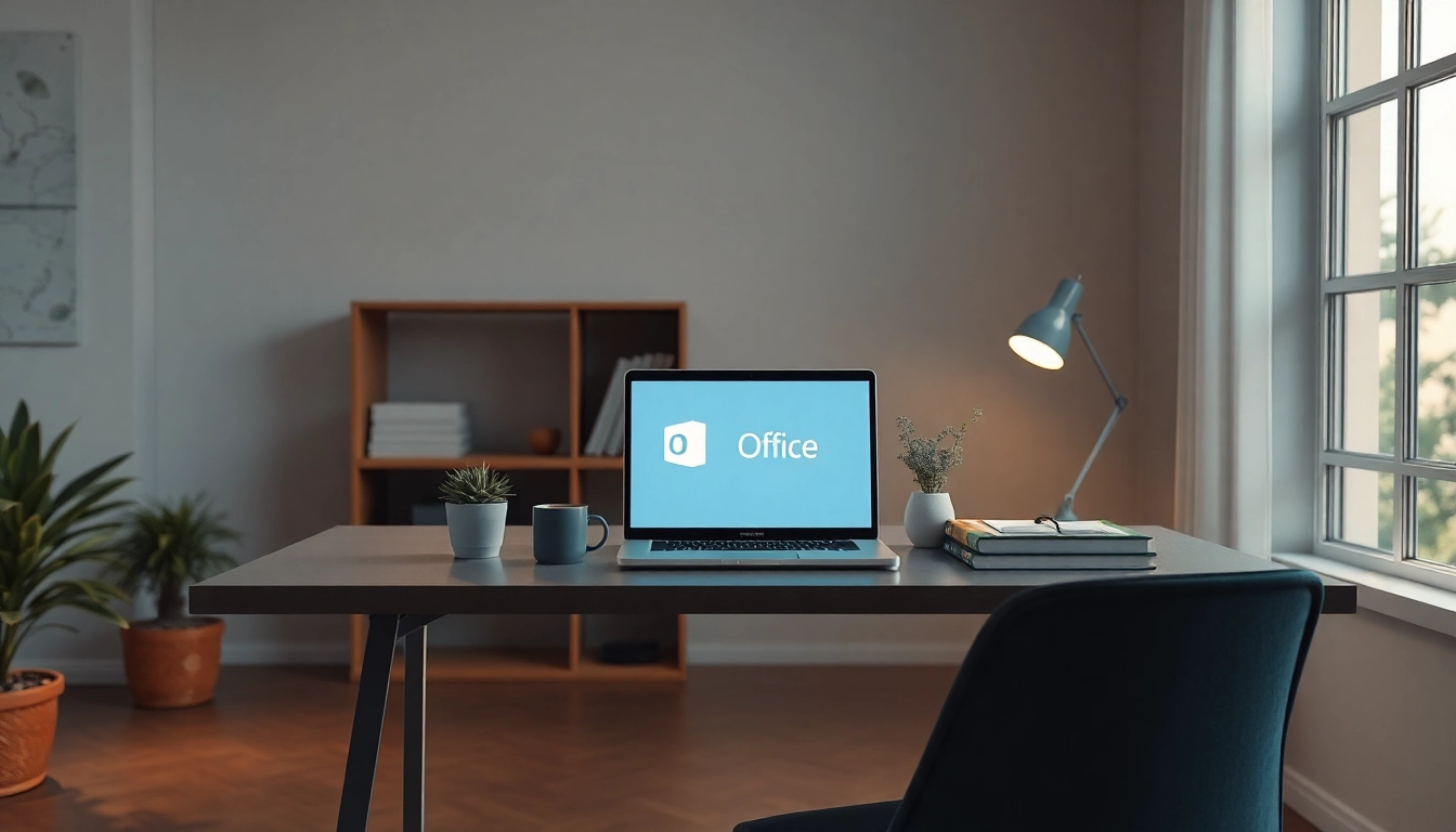 Produziere eine inspirierende Home-Office-Szene mit einem Laptop, der Microsoft Office 2024 zeigt, um das Office 2024 kaufen zu unterstützen.