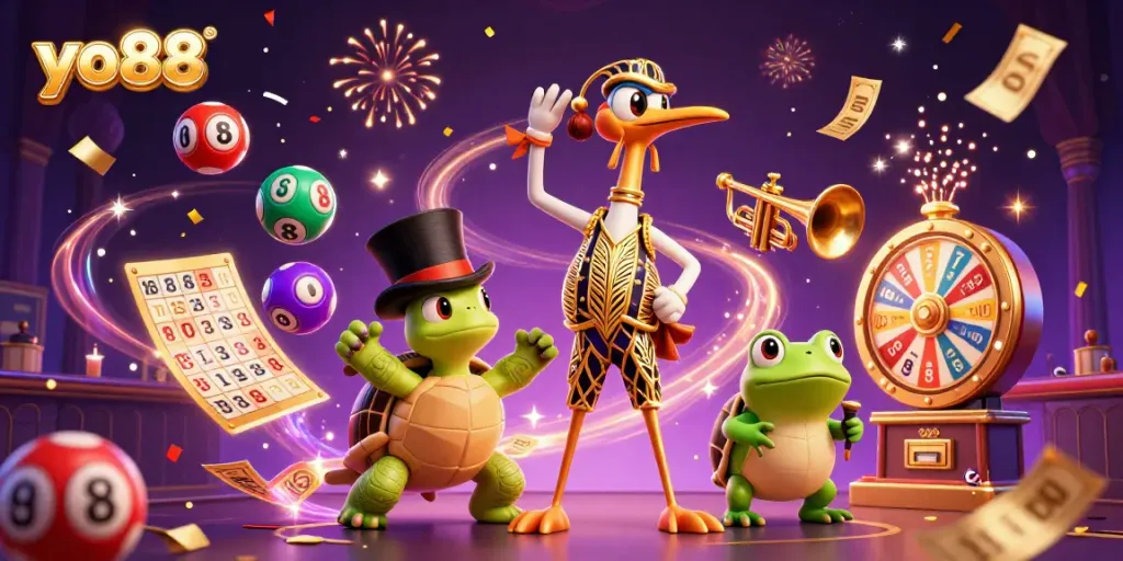 yo88 creates excitement with dynamic lottery balls, a colorful scene featuring engaging characters at a vibrant casino setting.