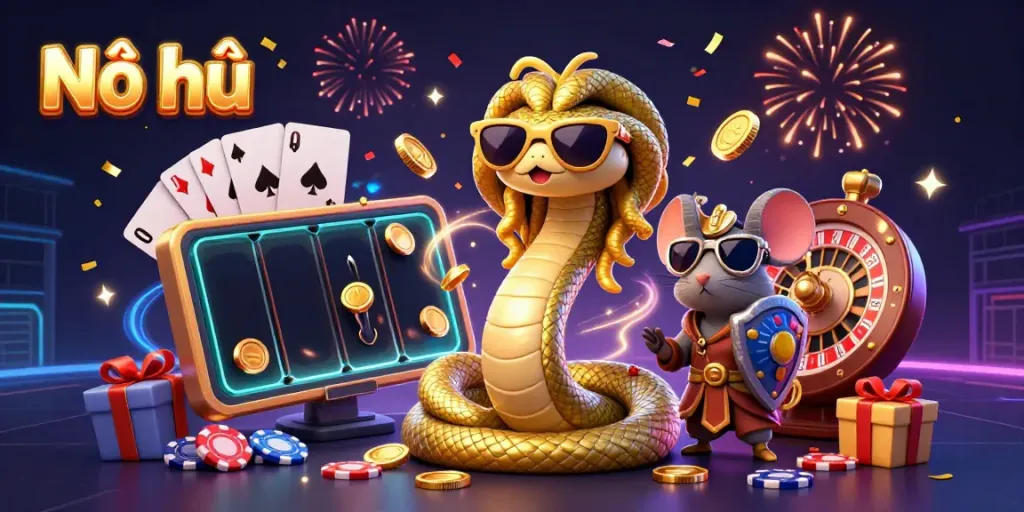 Experience the thrilling Nổ hũ with captivating visuals, featuring playful characters in a vibrant casino setting.