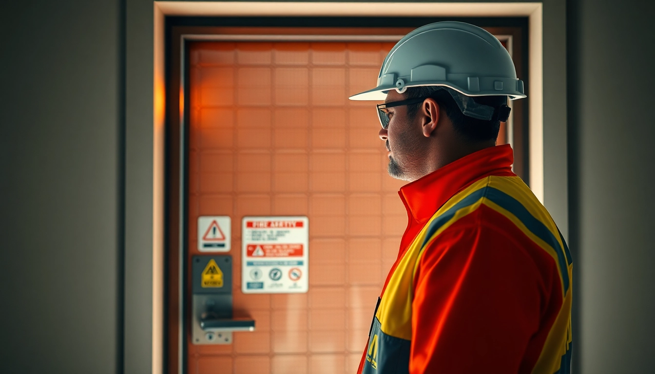 Technician performing Prüfung Brandschutztüren on a well-maintained fire door, ensuring safety compliance.