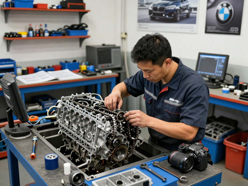 bmw steuerkette wechseln in einer professionellen Werkstatt mit Technikern und hochwertiger Ausrüstung
