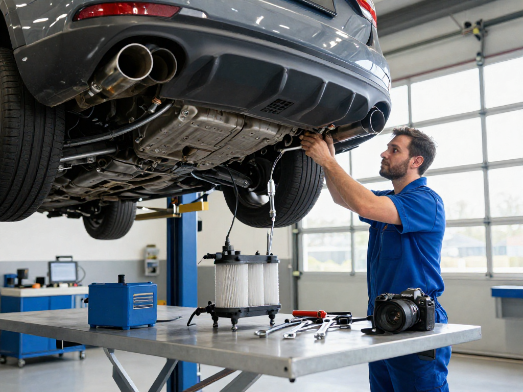 Effektive DPF Reinigung in Laatzen: Techniker prüft DPF-Filter in professioneller Werkstatt