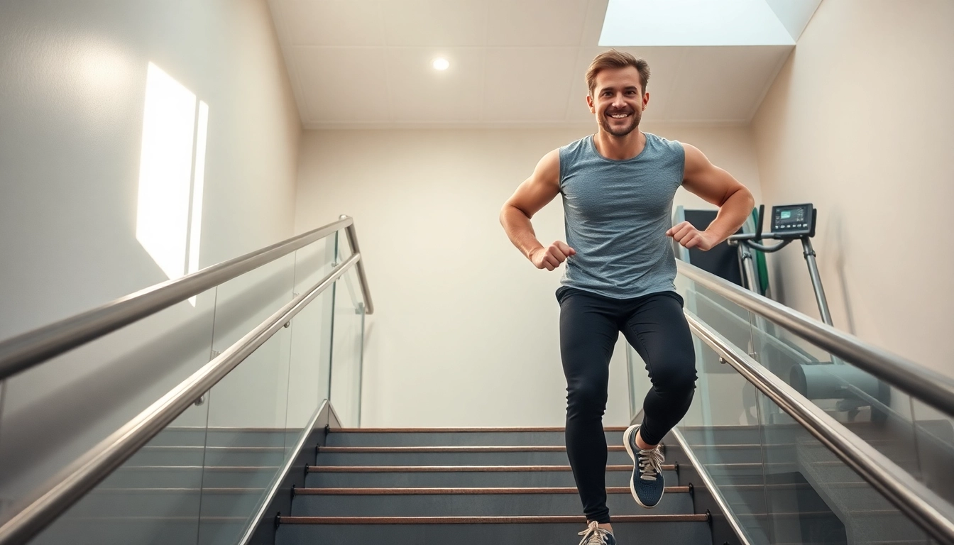 Inspirierender Mensch auf einer Treppe während fitnessorientierter Aktivitäten zur Förderung von Gewichtsverlust.