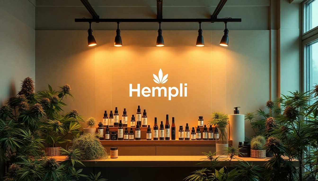 Entdecken Sie die Vielfalt an Hempli THCA-Produkten auf einem stilvollen Stand, umgeben von Pflanzen.