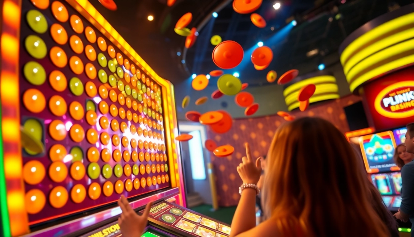 Experience the thrill of the Plinko game as colorful discs cascade down a vibrant board, showcasing exciting gameplay.