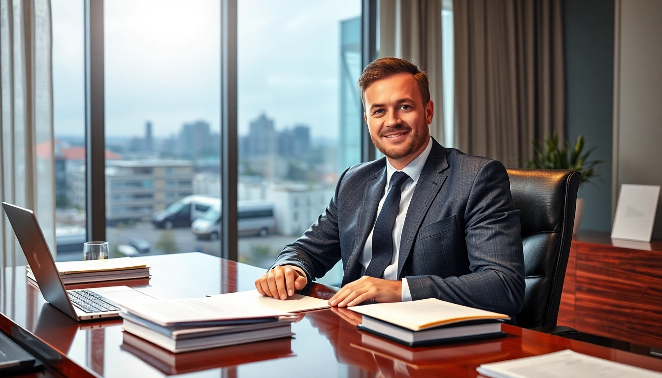 Headhunter Mühlheim bei der Arbeit an einem modernen Bürotisch, umgeben von Dokumenten und Laptops.