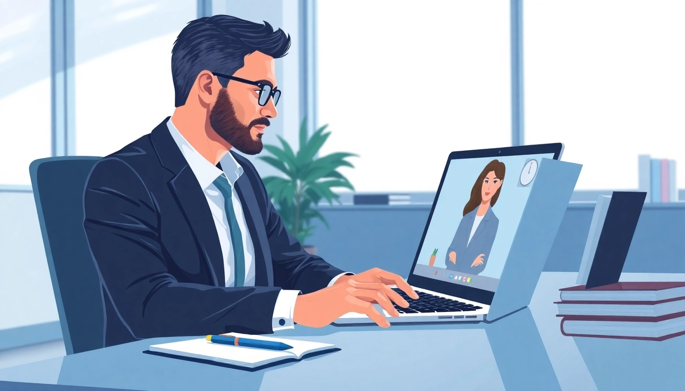 Headhunter conducting a virtual interview in a modern office setting.