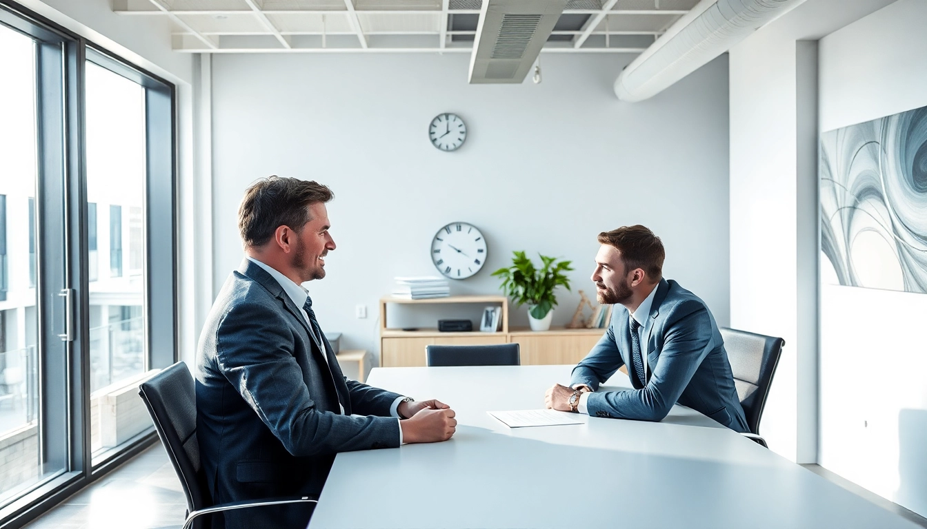 Headhunter Bielefeld im modernen Büro, der mit einem Bewerber spricht.
