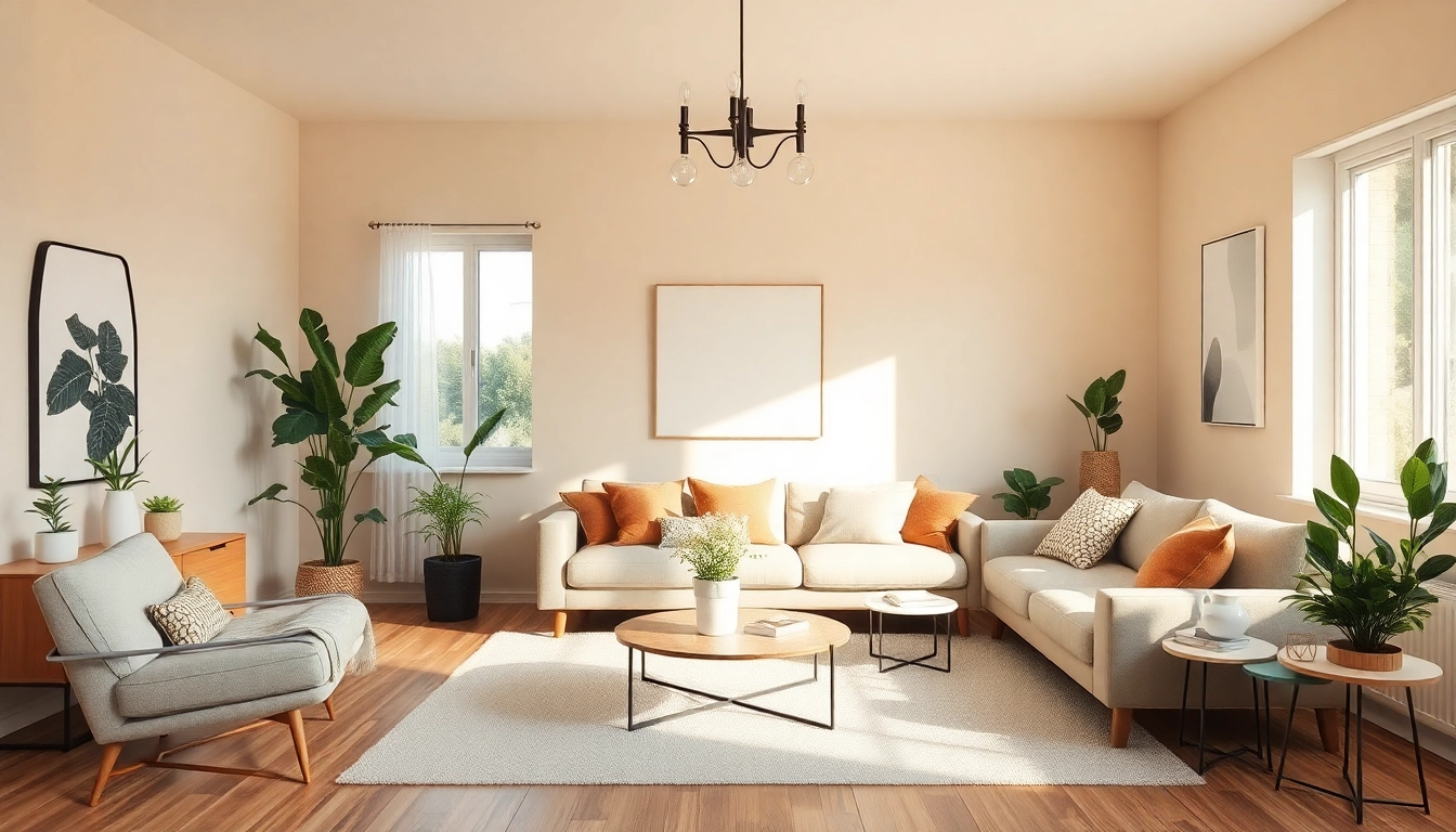 Moderndes Wohnzimmer zur Raumgestaltung mit sanften Pastellfarben, warmen Licht und stilvollen Möbeln.