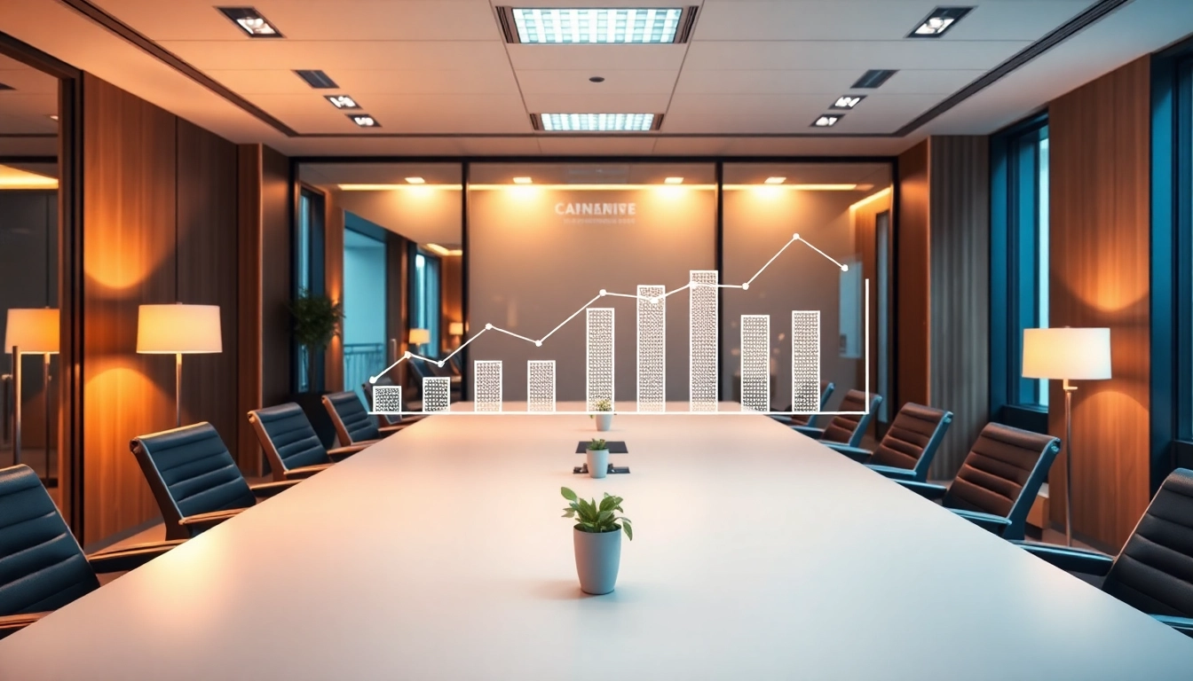 Arbeitsplatz eines Headhunter Düsseldorf im modernen Stil mit eleganter Büroausstattung und motivierenden Karrieregrafiken.
