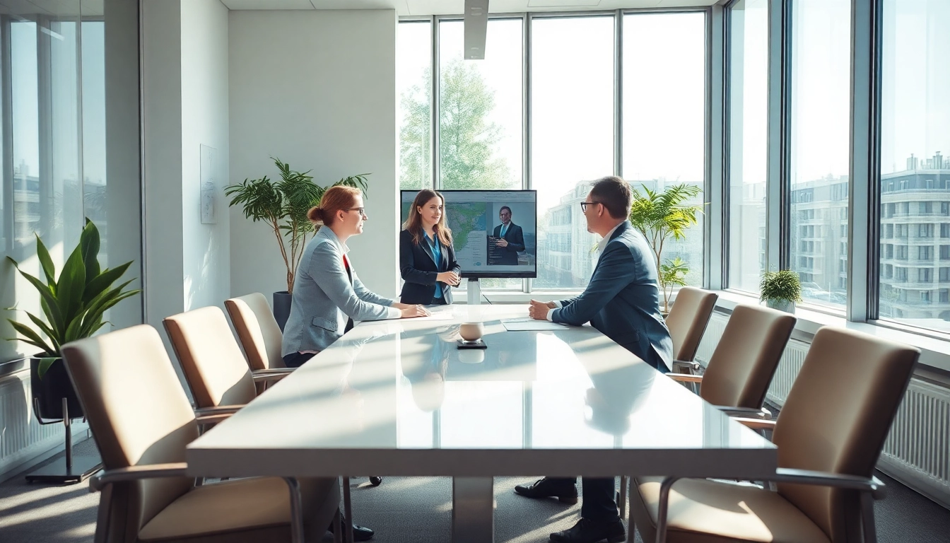 Visualisiere den Prozess der Personalvermittlung in einem modernen Büro mit Beratern, die gemeinsam an Lösungen arbeiten.