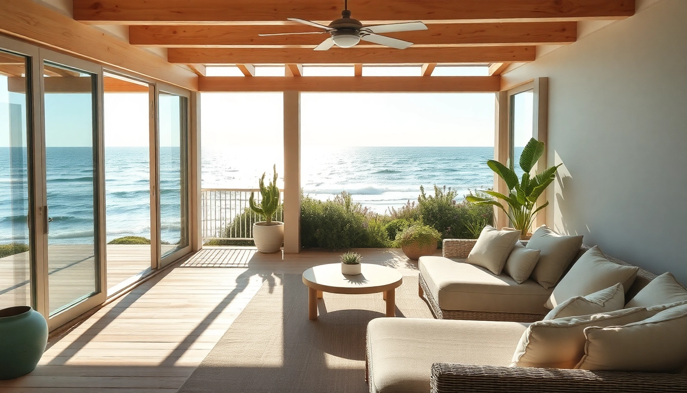 Coastal Cabana präsentiert eine einladende Terrasse mit Meerblick und modernem Design.
