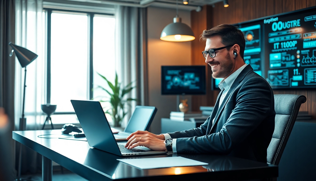 Headhunter IT bei der Arbeit im eleganten Büro, umgeben von Technologie und inspirierenden Materialien.