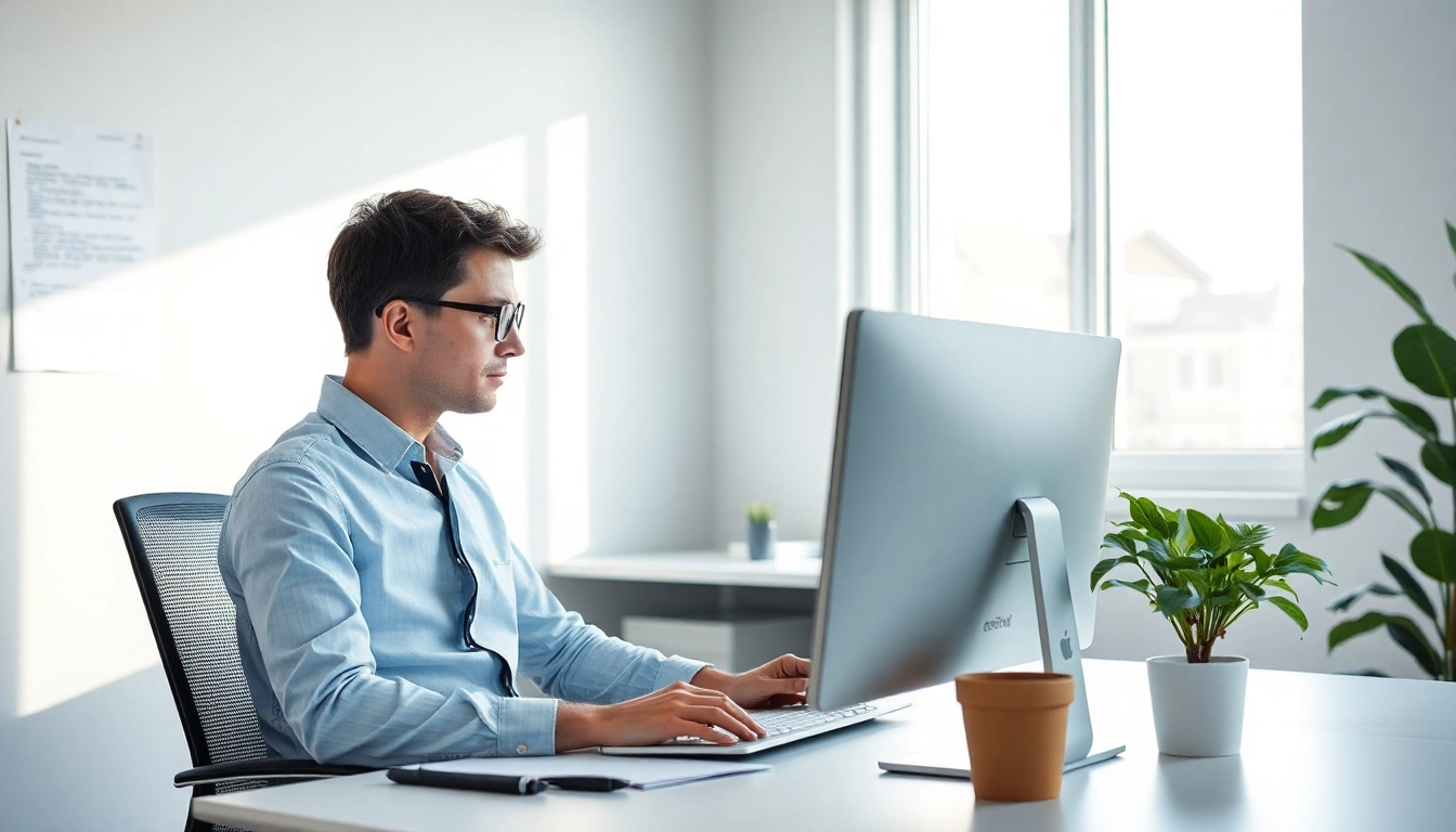 Verwenden Sie Microsoft Office 2024 Pro Plus Lizenzkey in einem modernen Büro mit hellem Licht und einem produktiven Benutzer.