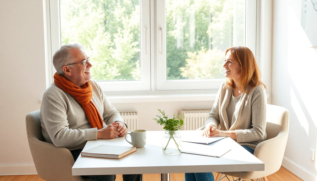 Coaching in Lebenskrisen: Warmherziger Coach und Klientin im inspirierenden Beratungsgespräch.
