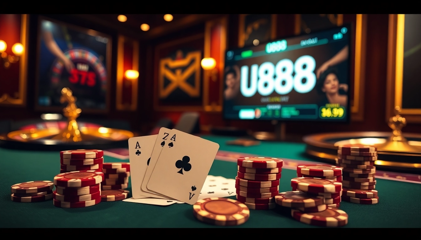 Experience the thrill of winning at U 888 casino with luxurious poker chips and an elegant gaming table.