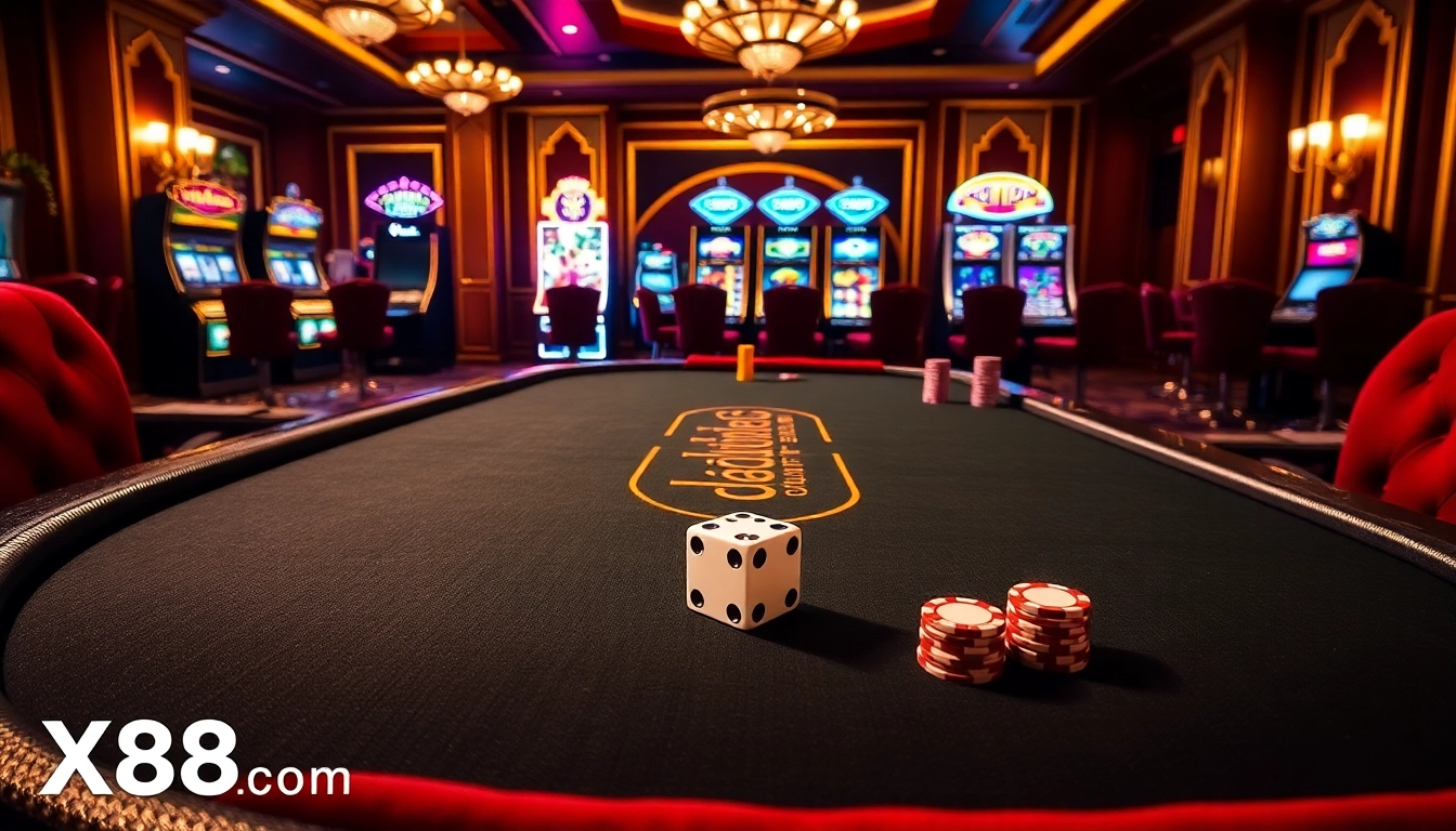 Experience the excitement of X88 com with vibrant casino setups featuring poker tables, chips, and slot machines.