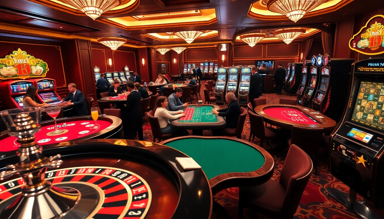 Players enjoying a thrilling game atmosphere at 28bets casino, featuring poker tables and roulette wheels.