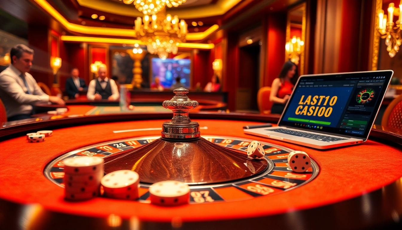 A thrilling casino scene with a roulette table showcasing gameplay on https://m88zo.com/, vibrant chips, and luxurious decor.