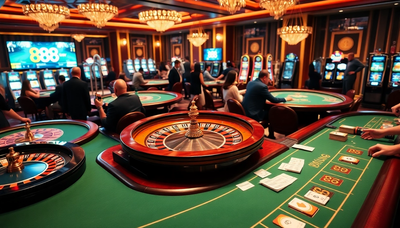 Experience the thrill of 888 new with an elegant casino scene showcasing exciting games and players immersed in action.