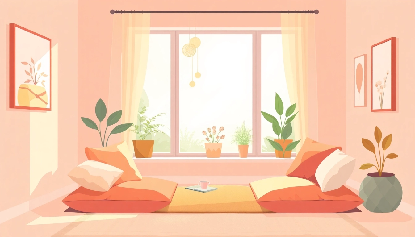 Enhancing emotional wellbeing in a serene meditation space with soft lighting and inviting decor.