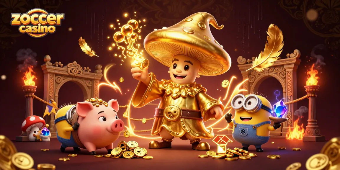 Zoccer casino showcases a magical scene with a golden mushroom wizard and treasures, ideal for casino lovers.