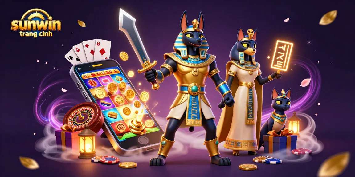 Sunwin trang chính showcases thrilling slots and games with Anubis and Bastet in an enchanting casino atmosphere.